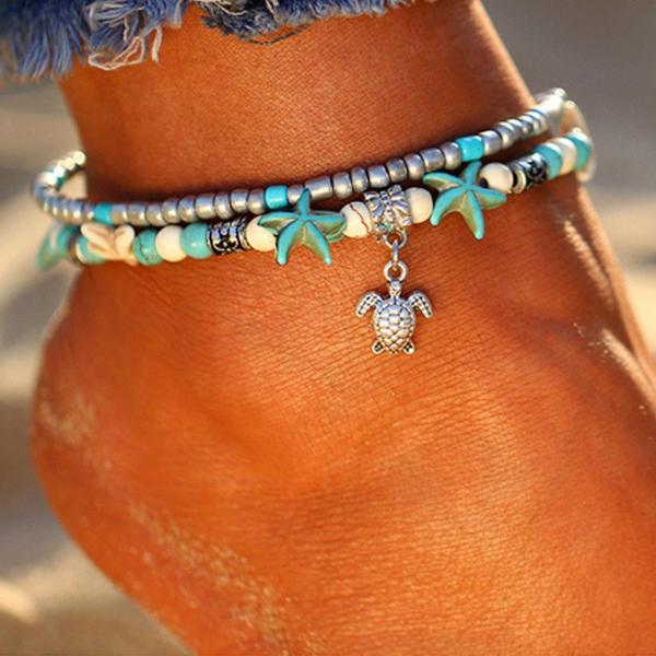 Womens Vintage Double Beaded Turtle Starfish Boho Anklet