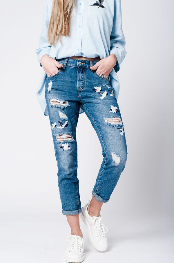 Womens Blue Wash Mom Jeans Bird Embroidery